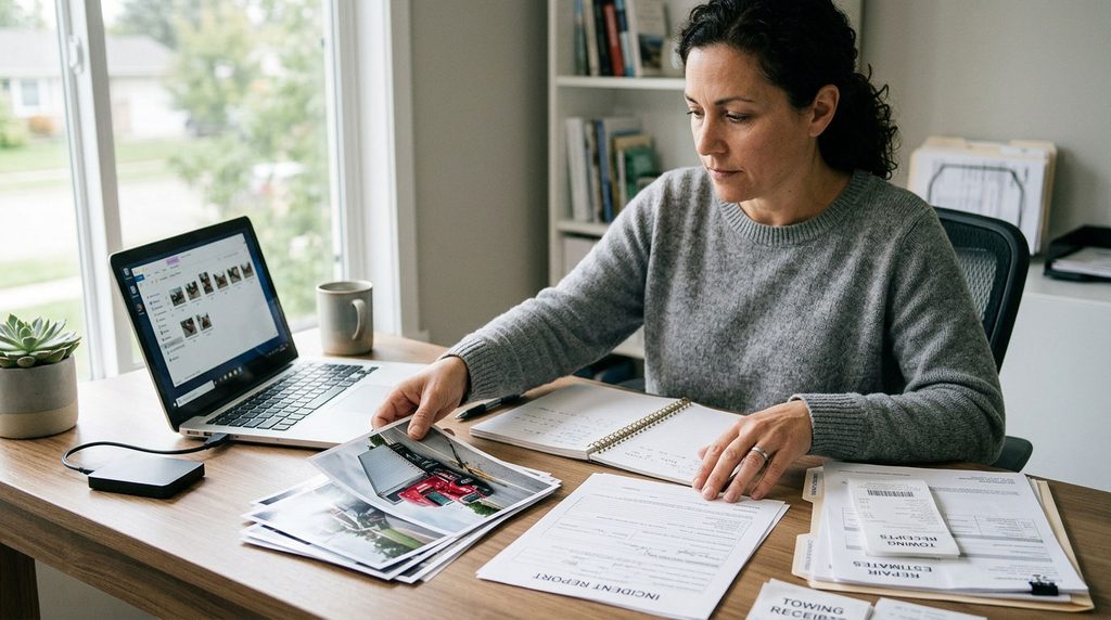 Person organizing truck accident photographs, repair estimates, medical paperwork, and insurance records at a desk.