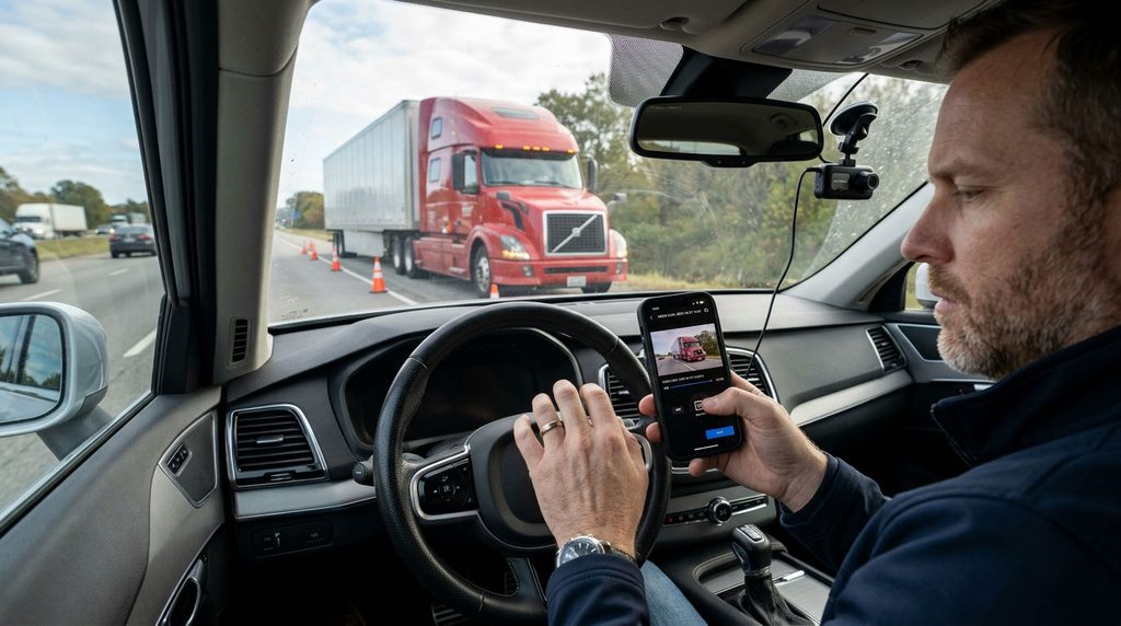Motorist saving dashcam footage on a smartphone inside a parked vehicle after a truck accident.