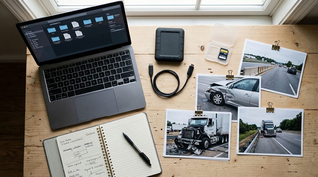Accident photographs, a memory card case, and a laptop arranged for documenting digital evidence.