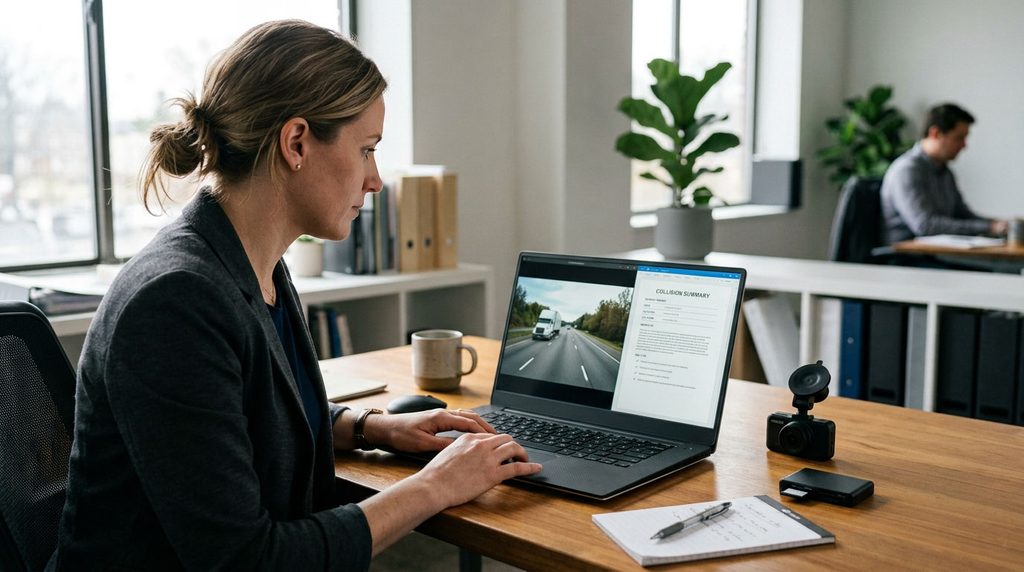 Person reviewing truck dashcam footage beside a separate collision summary on a laptop.