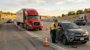 Emergency responder speaking with a motorist beside a damaged red semi-truck and car on a highway shoulder.